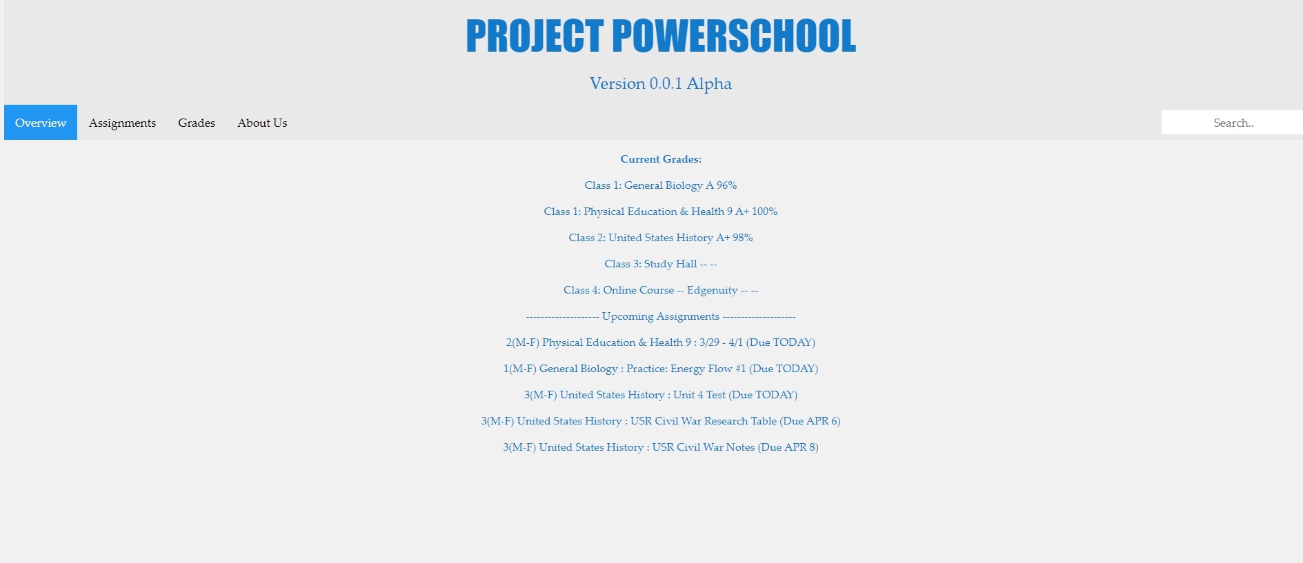 Screenshot of a website with text in the center showing grades and assignments